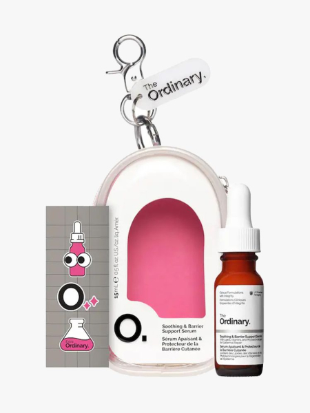 The Ordinary Soothing & Barrier Support Serum & Keychain Pouch Set in branded components on a light gray background